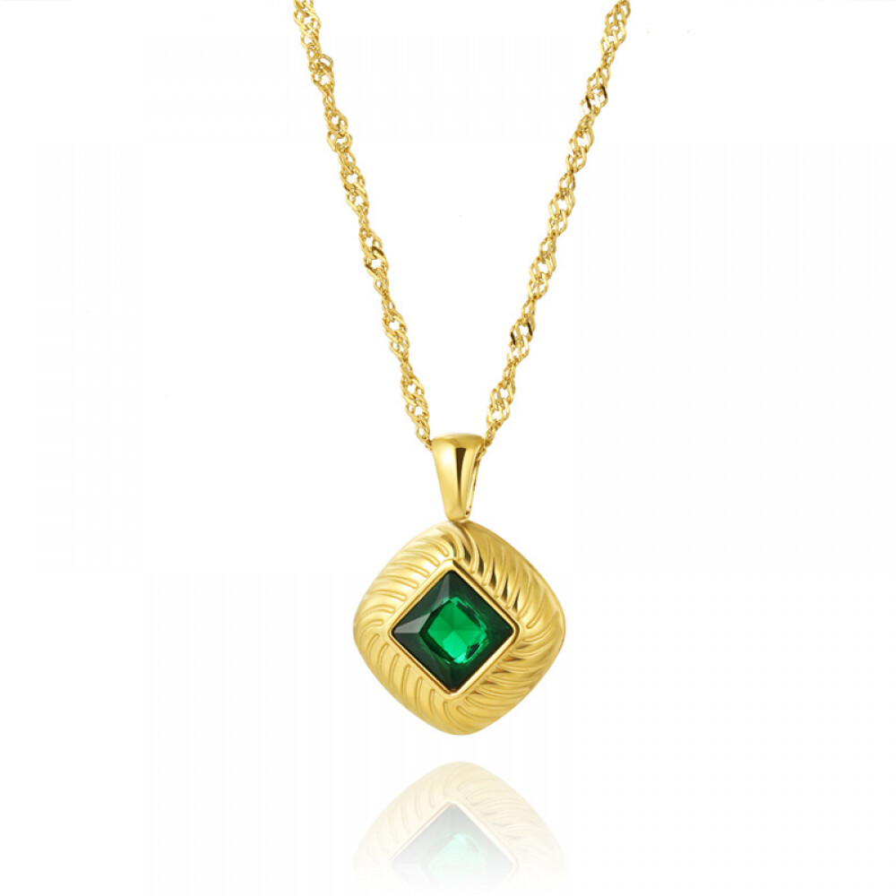 Right Grand Simple Woman Stainless Steel Square Threaded 14K Gold Plated Colorful Diamonds Cz Zircon Pendant Necklace, color: PVD 14K Gold Plated + Green zircon, size: necklace(41+5cm)