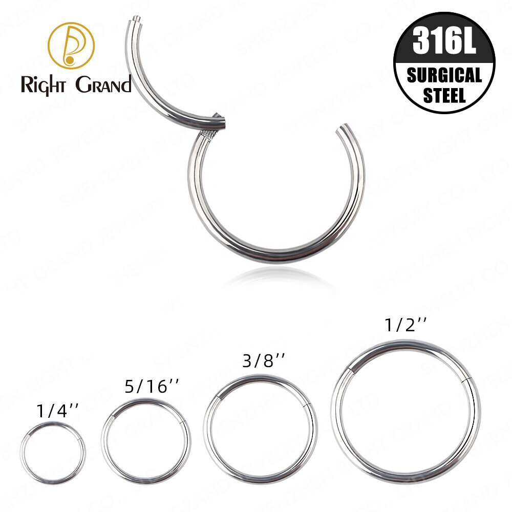 Right Grand Mirror Polish 316L Surgical Steel Septum Clicker Hinged Segment Nose Ring