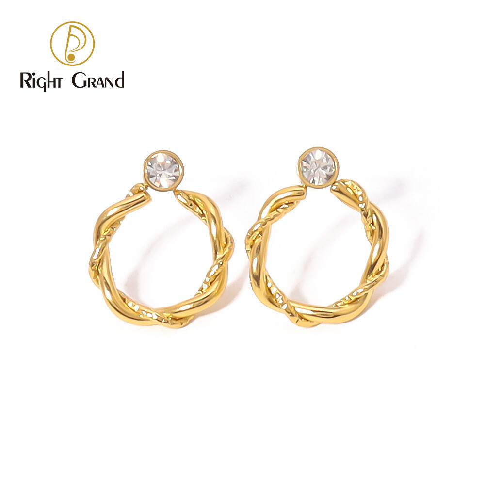 Right Grand Trendy 18K Gold Plated Stainless Steel Twisted Hoop Zircon Fashion Handmade Diamond Stud Earrings For Women