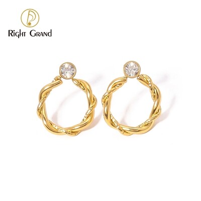 Right Grand Trendy 18K Gold Plated Stainless Steel Twisted Hoop Zircon Fashion Handmade Diamond Stud Earrings For Women