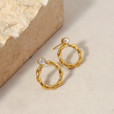 Right Grand Trendy 18K Gold Plated Stainless Steel Twisted Hoop Zircon Fashion Handmade Diamond Stud Earrings For Women