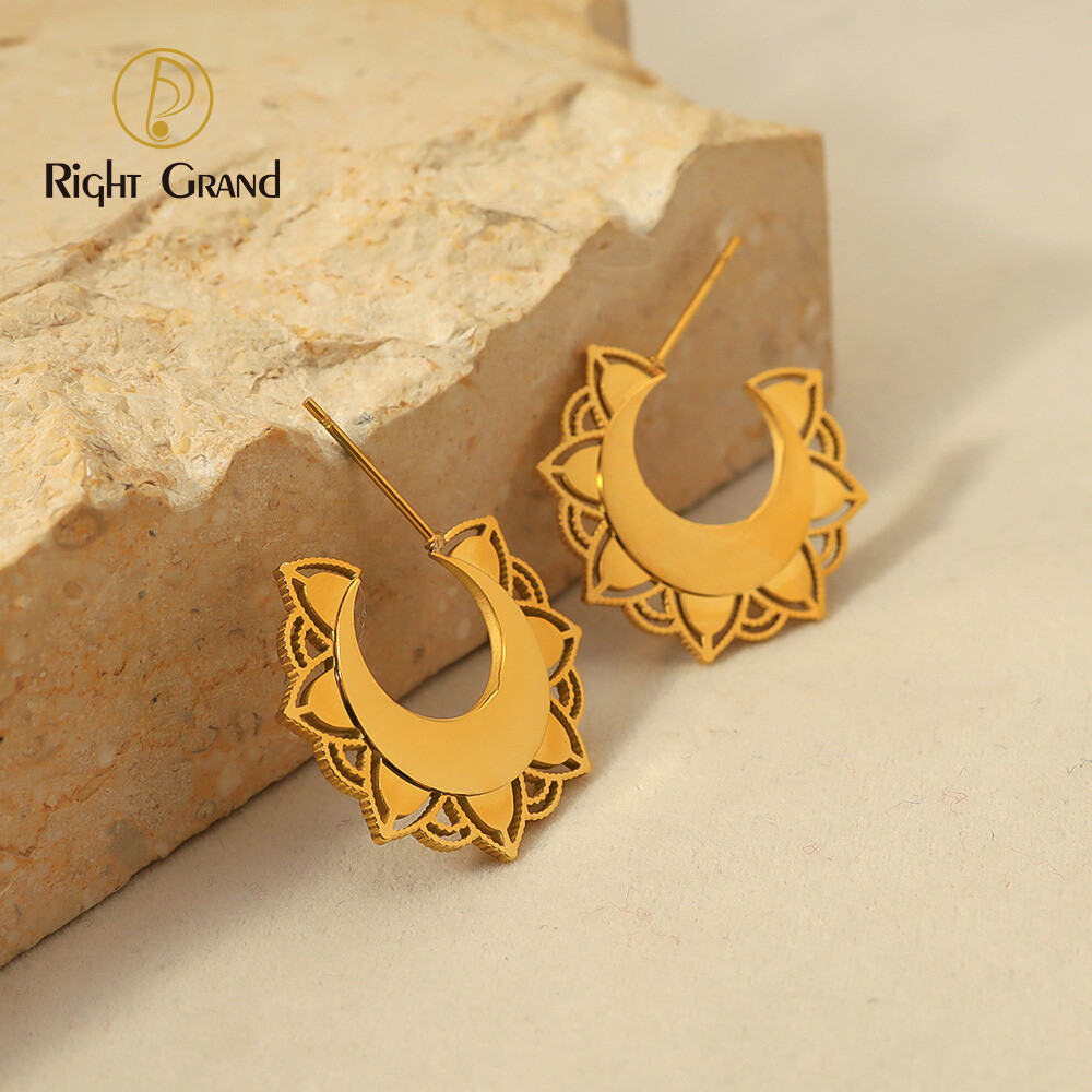 Right Grand Tarnish Free Fashion Vintage Jewelry Sun Moon Small 18K Gold Plated Stainless Steel Wholesale Hoop Earrings