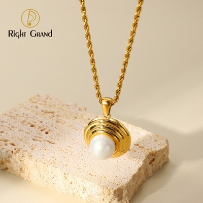 Right Grand Vintage Fashion Luxulry Jewelry Stainless Steel Rope Chain 14K Gold Plated Round Pearl Necklace