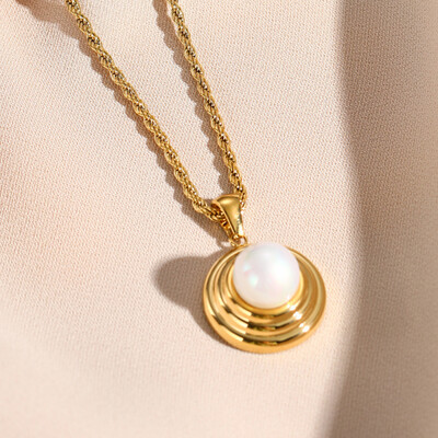 Right Grand Vintage Fashion Luxulry Jewelry Stainless Steel Rope Chain 14K Gold Plated Round Pearl Necklace