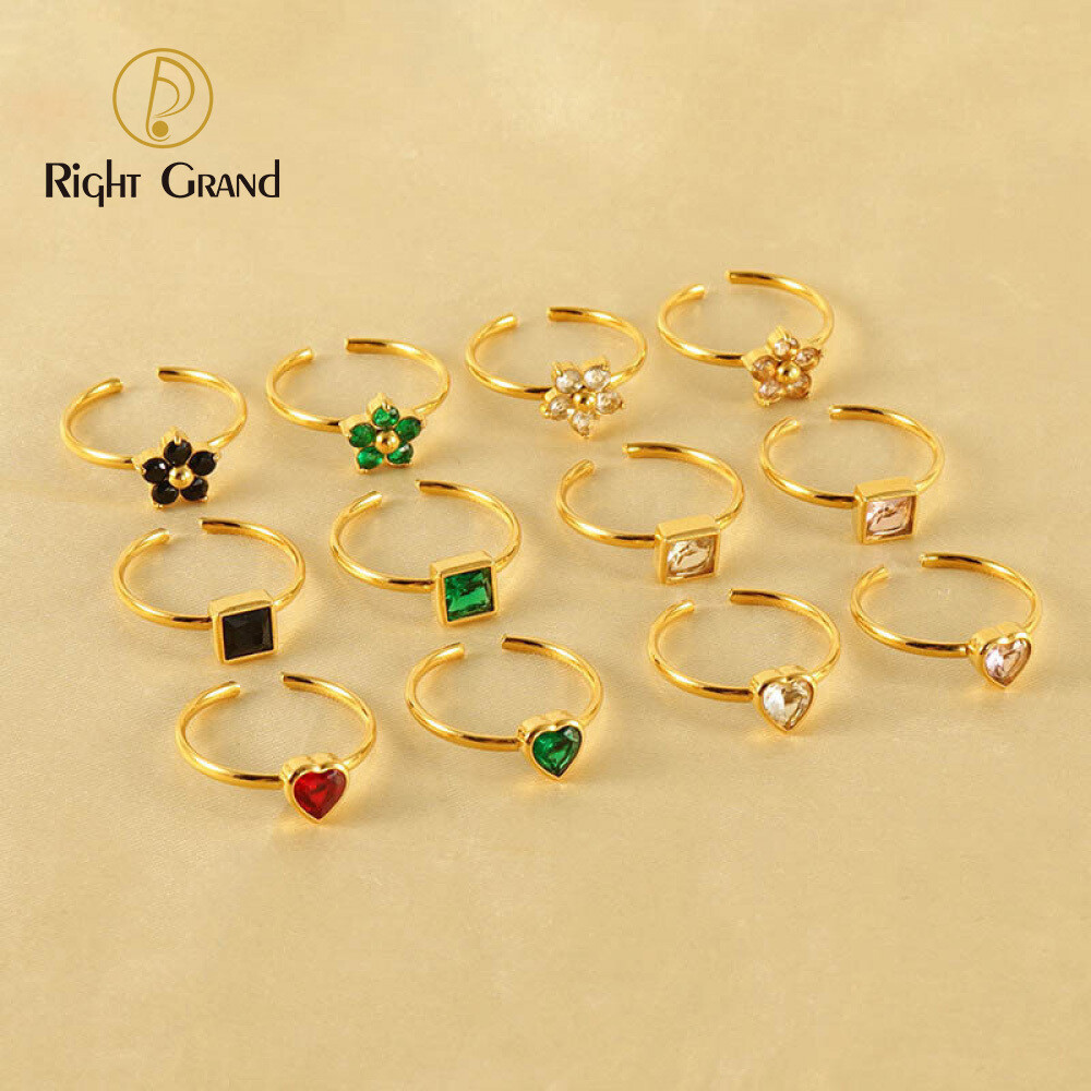 Right Grand Wholesale Fashion Jewelry Women 18K Gold Plated Colorful Geometric Diamond Heart Flower Cz Zircon Open Ring