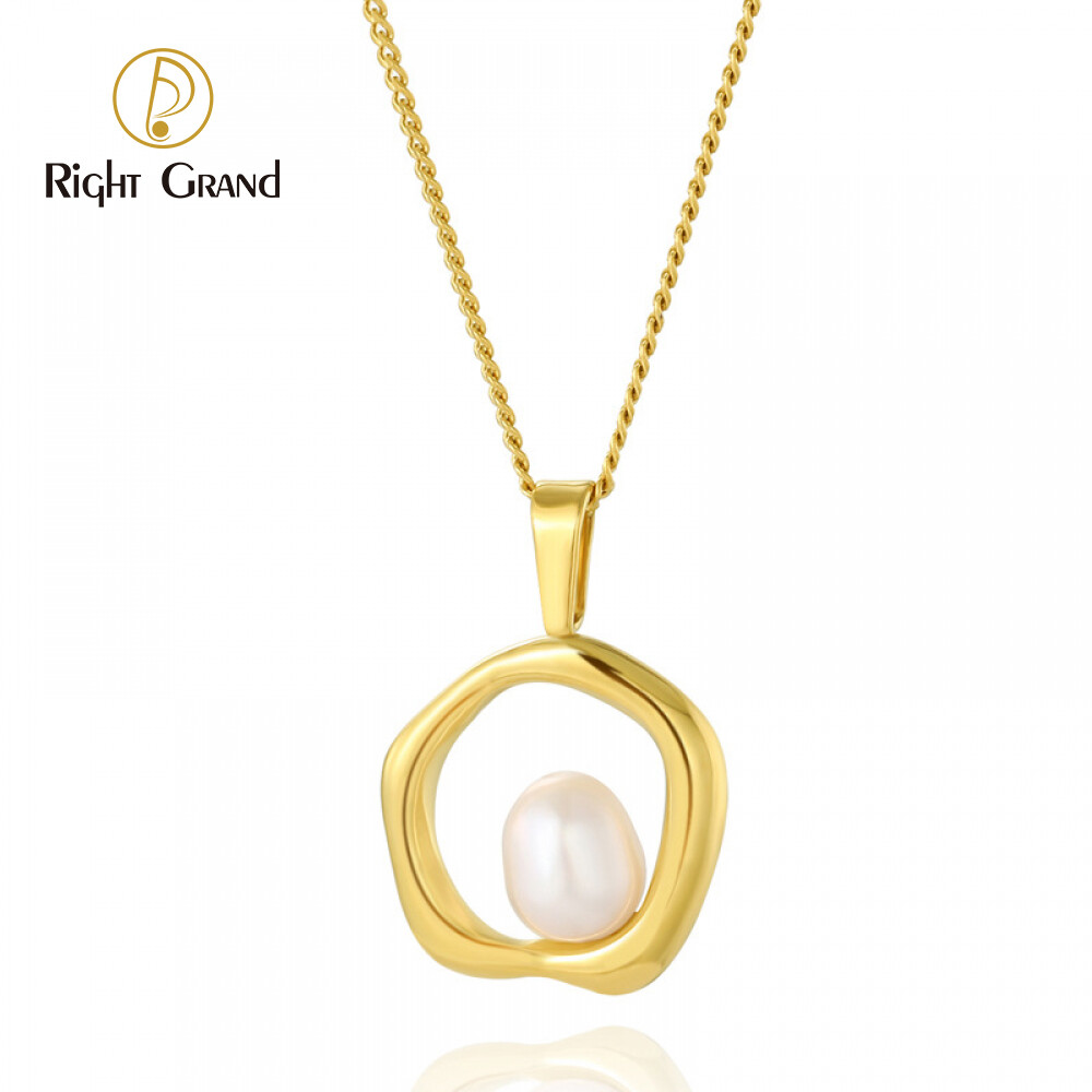 Right Grand Vintage Fashion Elegant Women Jewelry 14K Gold Plated Stainless Steel Natural Freshwater Pearl Necklace