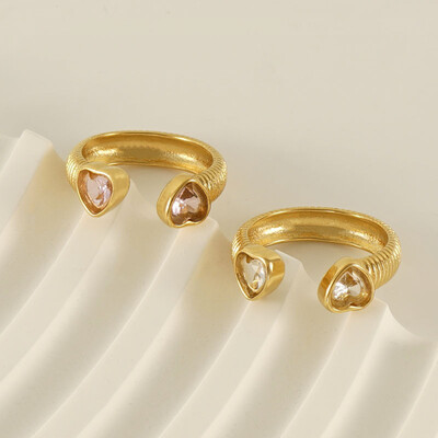 Right Grand Women Fashion Jewelry Adjustable Stainless Steel 18K Gold Plated Pink Diamond Heart Cz Zircon Open Ring