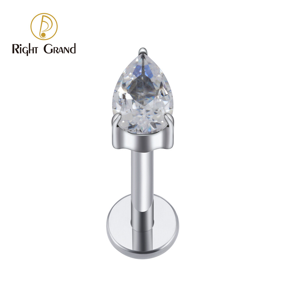 Right Grand ASTM F136 Titanium Teardrop Waterdrop CZ Internally Threaded Labret Tragus Monroe Cartilage Stud Ear Helix Piercing