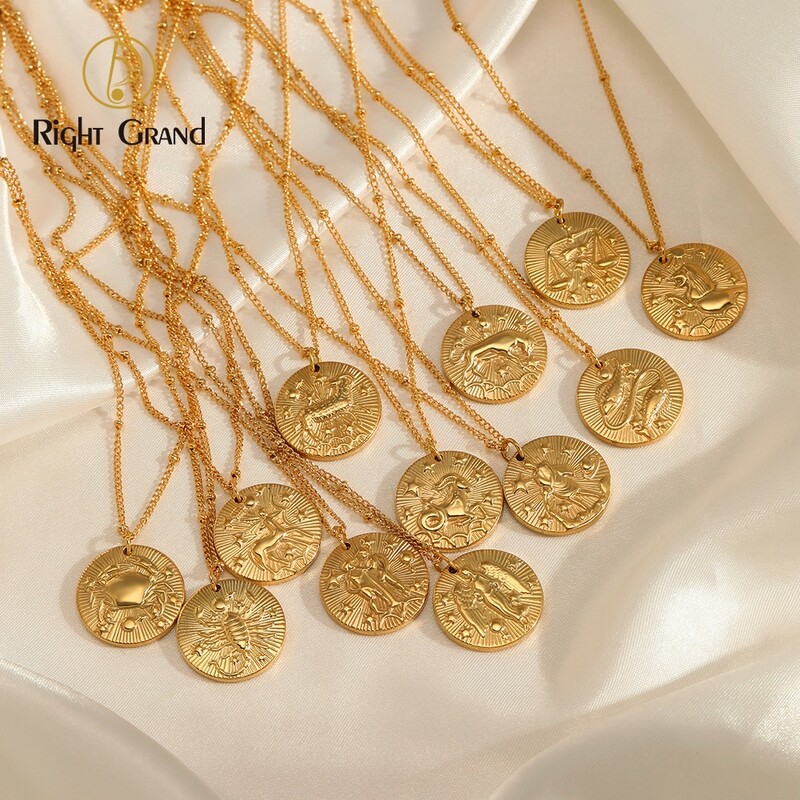 Right Grand Fashion Trendy Jewelry Gold Plated Round Embossed Pendant Horoscope Stainless Steel Zodiac Sign Necklace