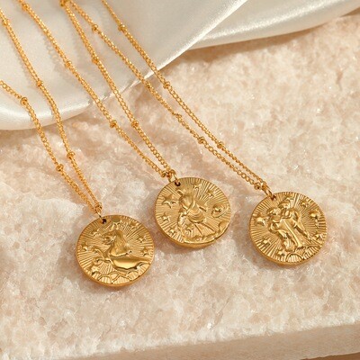 Right Grand Fashion Trendy Jewelry Gold Plated Round Embossed Pendant Horoscope Stainless Steel Zodiac Sign Necklace