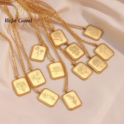 Right Grand Wholesale Fashion Gift Jewelry Gold Plated Stainless Steel Square Embossed 12 Month Birth Flower Pendant Necklace