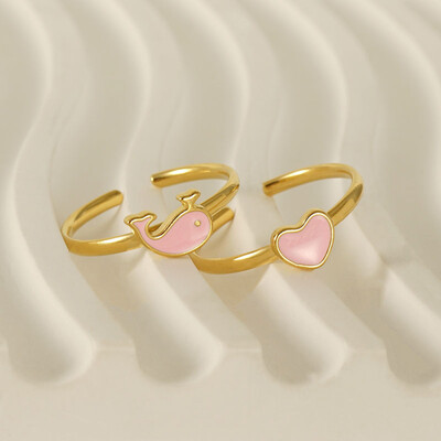 Right Grand Cute Fashion Jewelry Girls Kids Stainless Steel Gold Plated Dolphin Open Adjsuatable Pink Enamel Heart Rings