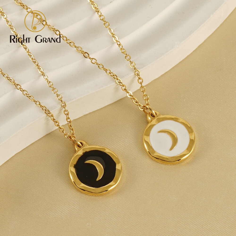 Right Grand Fashion Vintage Women Enamel Oil Dripping Jewelry Stainless Steel 18K Gold Plated Moon Pendant Necklace