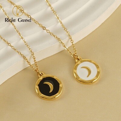 Right Grand Fashion Dainty Enamel Jewelry Stainless Steel 18K Gold Plated Geometric Square Moon Pendant Necklace