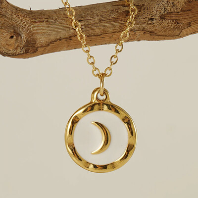 Right Grand Fashion Vintage Women Enamel Oil Dripping Jewelry Stainless Steel 18K Gold Plated Moon Pendant Necklace