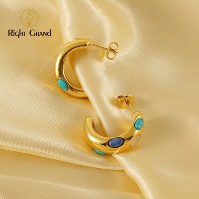 Right Grand Bohemia Retro Tarnish Free Stainless Steel Jewelry Hypoallergenic Gold Plated Turquoise Hoop Earrings