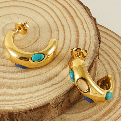 Right Grand Bohemia Retro Tarnish Free Stainless Steel Jewelry Hypoallergenic Gold Plated Turquoise Hoop Earrings