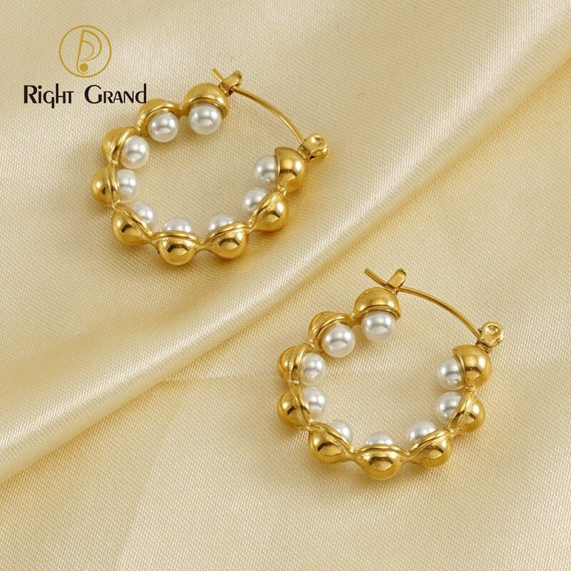 Right Grand 2023 New Women Fashion Jewelry Bridal Hypoallergenic Stainless Steel 18K Gold Plated Pearl Hoop Earrings