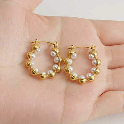 Right Grand 2023 New Women Fashion Jewelry Bridal Hypoallergenic Stainless Steel 18K Gold Plated Pearl Hoop Earrings