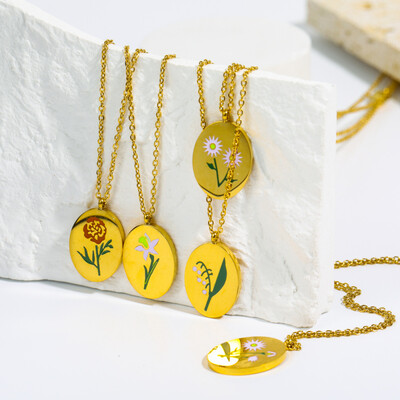 Right Grand 2023 New Non Tarnish Enamel Drop Oil Gold Plated Stainless Steel Birthflower Pendant Birth Month Flower Necklace