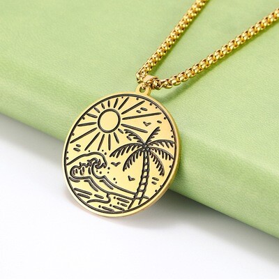 Right Grand Summer Vacation Chill Vibe Beach Jewelry Stainless Steel Gold Plated Palm Tree Pendant Drop Oil Enamel Necklace