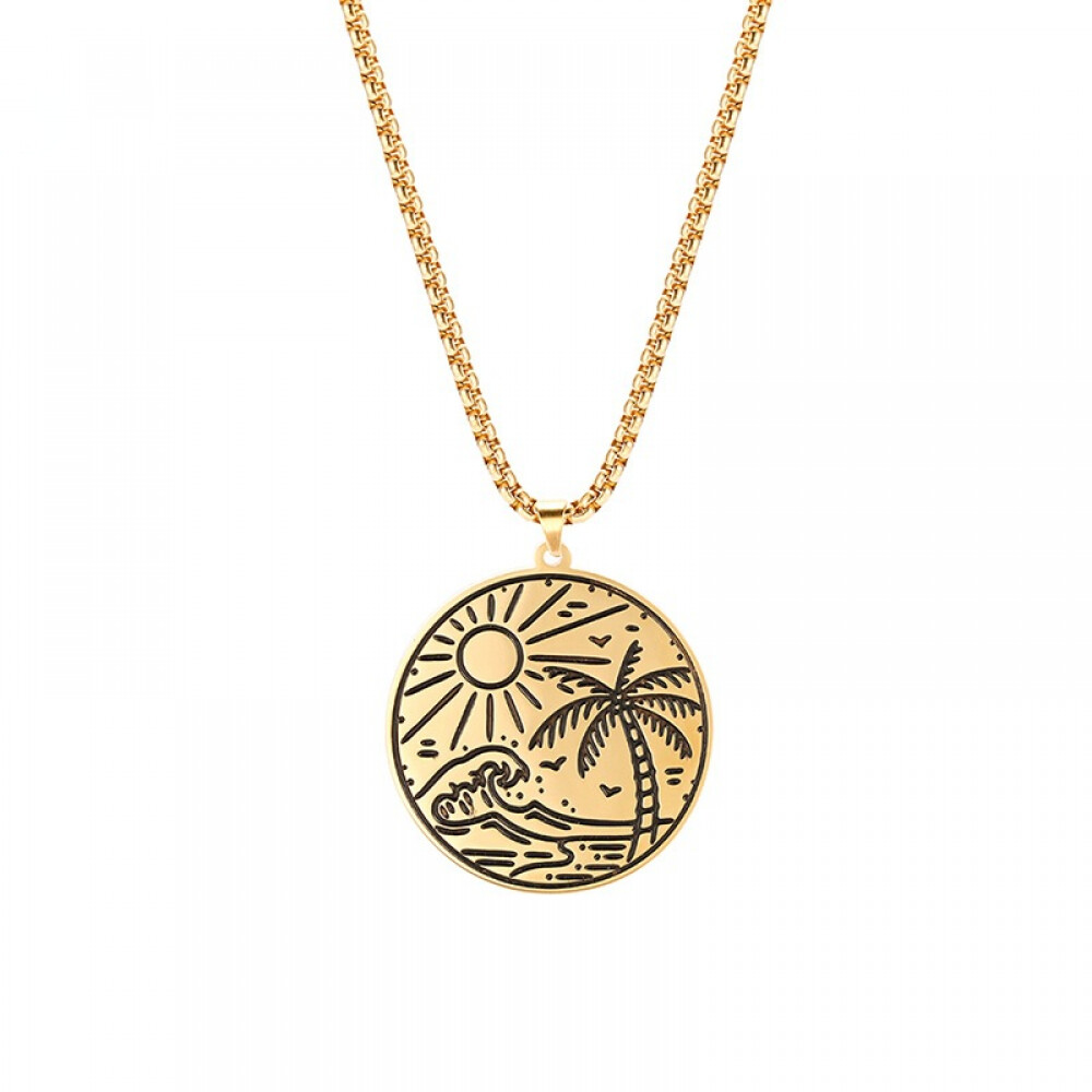 Right Grand Summer Vacation Chill Vibe Beach Jewelry Stainless Steel Gold Plated Palm Tree Pendant Drop Oil Enamel Necklace, color: 18K Gold, size: Necklace(60cm)