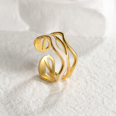Right Grand Trendy Fashion Waterproof Jewelry Open Adjustable Wave Shape Pvd Gold Plated Stainless Steel Enamel Rings