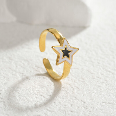 Right Grand Girls Women Fashion Jewelry Stainless Steel Open Adjustable Pvd Gold Plated Black White Enamel Star Rings