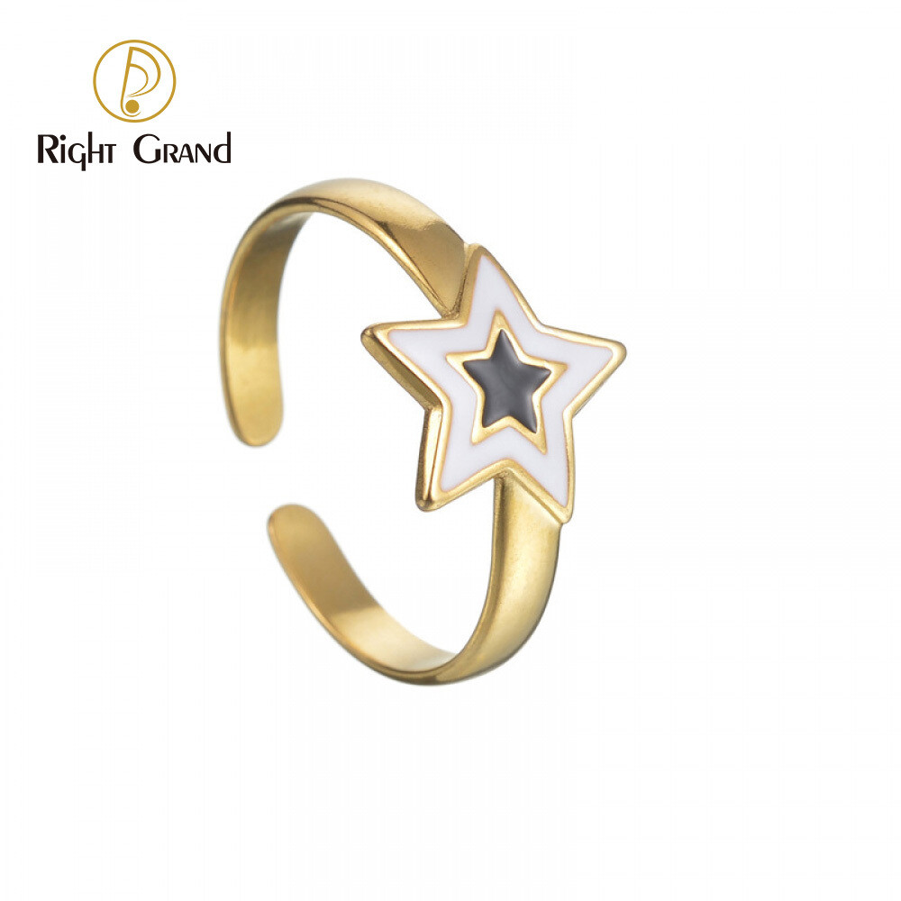 Right Grand Girls Women Fashion Jewelry Stainless Steel Open Adjustable Pvd Gold Plated Black White Enamel Star Rings