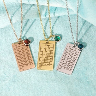 Right Grand Fashion Creative Jewelry Gold Plated Stainless Steel Cubic Zirconia Birthstone Calendar Pendant Necklace