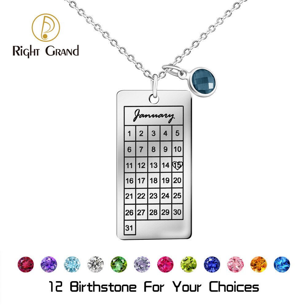 Right Grand Fashion Creative Jewelry Gold Plated Stainless Steel Cubic Zirconia Birthstone Calendar Pendant Necklace