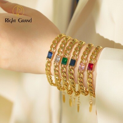 Right Grand Women Vintage Jewelry Stainless Steel Gold Plated Green Square Inlaid Zircon Cuban Link Chain Bracelet