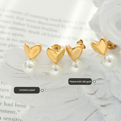 Right Grand Wholesale Vintage Women Jewelry Stainless Steel Gold Plated Heart Imitation Pearl Drop Earrings Stud