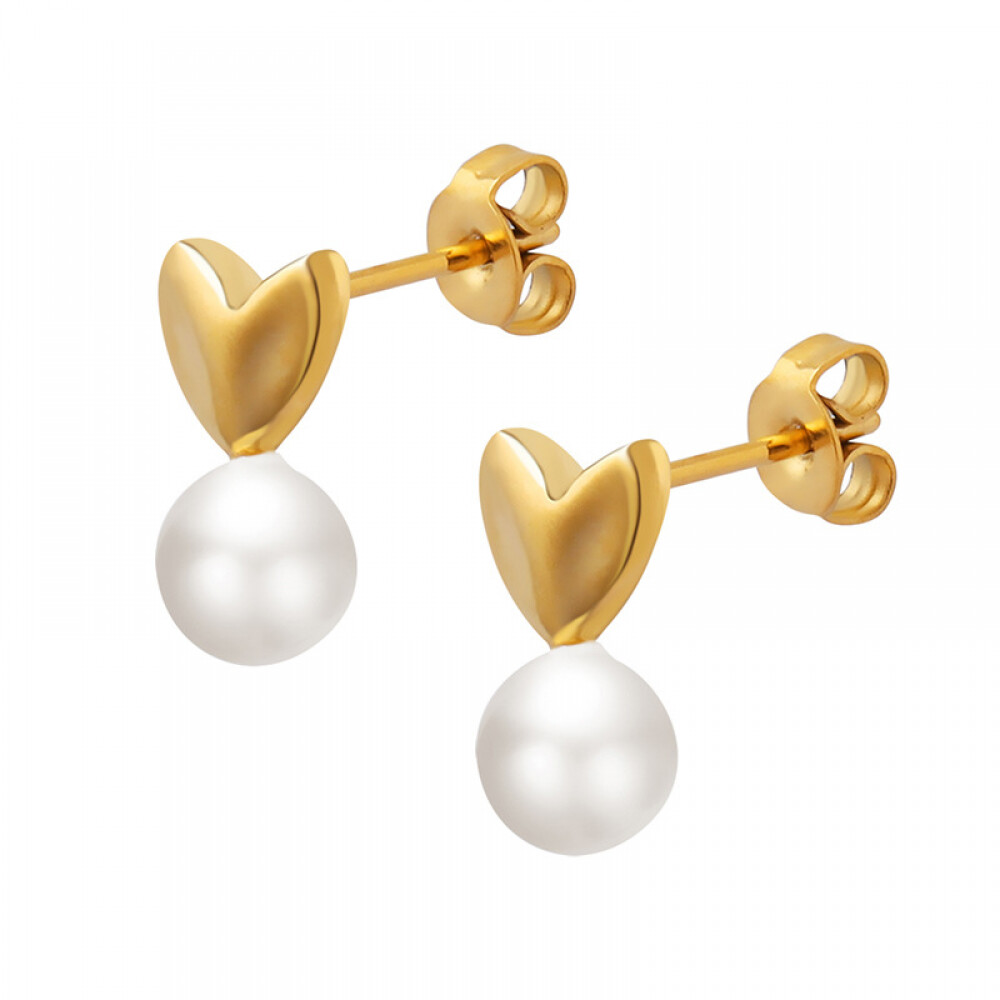 Right Grand Wholesale Vintage Women Jewelry Stainless Steel Gold Plated Heart Imitation Pearl Drop Earrings Stud, color: 18K Gold, size: 17*9mm