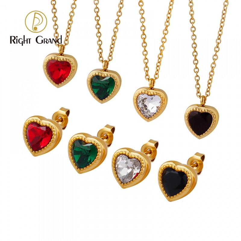 Right Grand Vintage Jewelry Rainbow Cubic Zirconia Heart Shape Pendant Gold Plated Stainless Steel Jewelry Set For Women