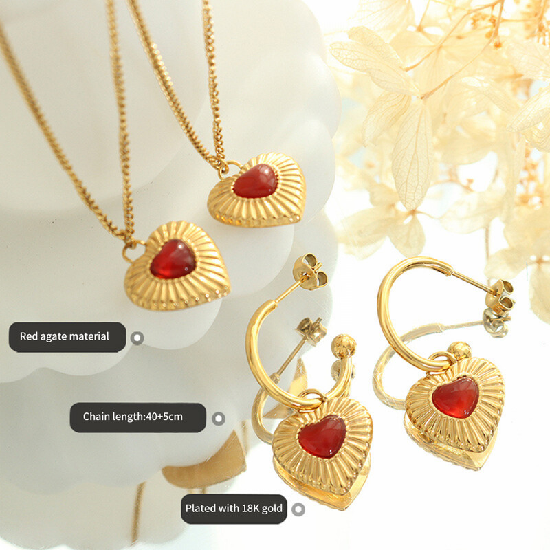 Right Grand New Vintage Fashion Agate Heart Shape Pendant Gold Plated Stainless Steel Jewelry Set For Women