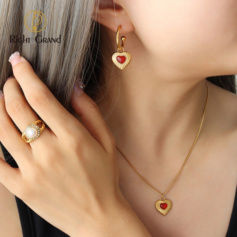 Right Grand New Vintage Fashion Agate Heart Shape Pendant Gold Plated Stainless Steel Jewelry Set For Women