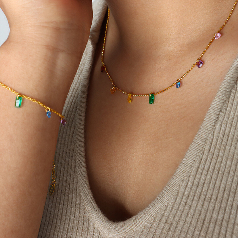 Right Grand Wholesale Stainless Steel Rainbow Cz Necklace Bracelet Dainty Fashion Jewelry Zirconia Jewelry Sets For Women