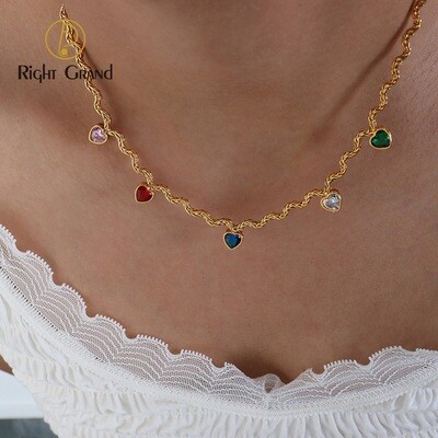 Right Grand Dainty Fashion Women Jewelry Rainbow Cubic Zirconia Irregular Chain Gold Plated Stainless Steel Heart Necklace