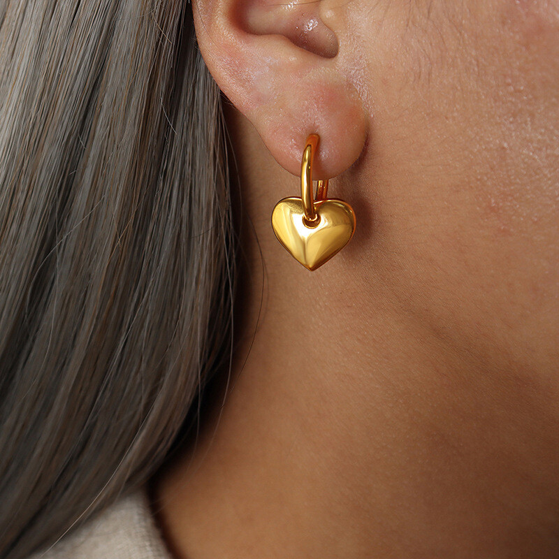 Right Grand Women Fashion Hypoallergenic Non Tarnish Jewelry Chunky Heart Dangling Gold Plated 18K Jewelry Earrings, color: 18K Gold, size: Earring(2.4*1.5cm)