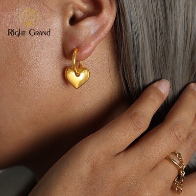 Right Grand Women Fashion Hypoallergenic Non Tarnish Jewelry Chunky Heart Dangling Gold Plated 18K Jewelry Earrings