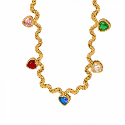 Right Grand Dainty Fashion Women Jewelry Rainbow Cubic Zirconia Irregular Chain Gold Plated Stainless Steel Heart Necklace