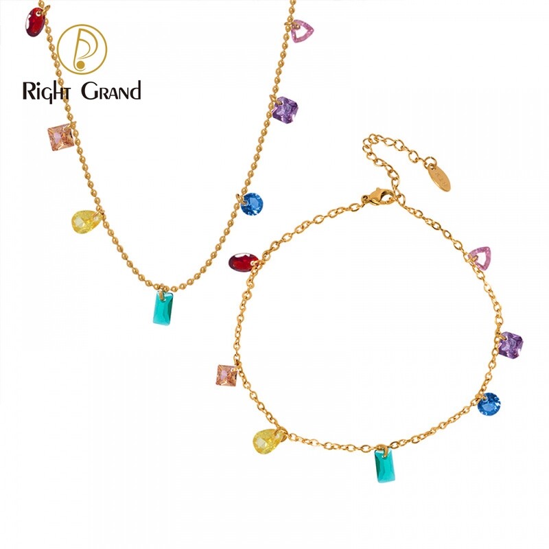Right Grand Wholesale Stainless Steel Rainbow Cz Necklace Bracelet Dainty Fashion Jewelry Zirconia Jewelry Sets For Women