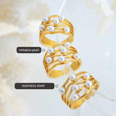 Right Grand Fashion Women Simple Jewelry Open Wave Shape Anillo Con Perlas Gold Plated Stainless Steel Pearl Ring