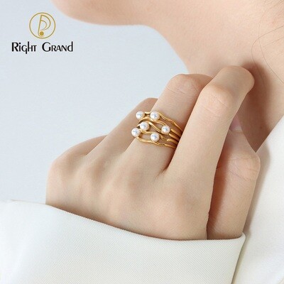 Right Grand Fashion Women Simple Jewelry Open Wave Shape Anillo Con Perlas Gold Plated Stainless Steel Pearl Ring