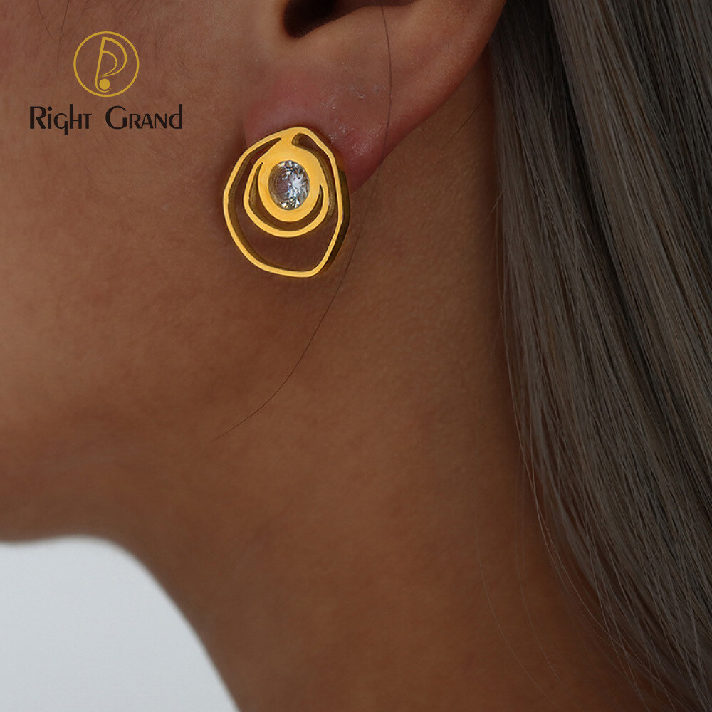 Right Grand New Desgin Gold Plated Rose Tracing Frame Cubic Zirconia Stainless Steel Stud Earrings For Women