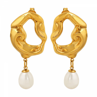 Right Grand Fashion New Women Jewelry Stainless Steel Geometric Textured Dangle Fresh Water Pearl Drop Earrings