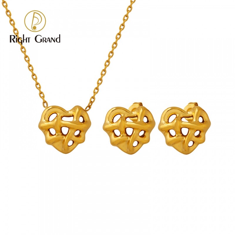 Right Grand New Trendy Fashion Hollow Heart Shape Pendant Gold Plated Stainless Steel Jewelry Set For Women