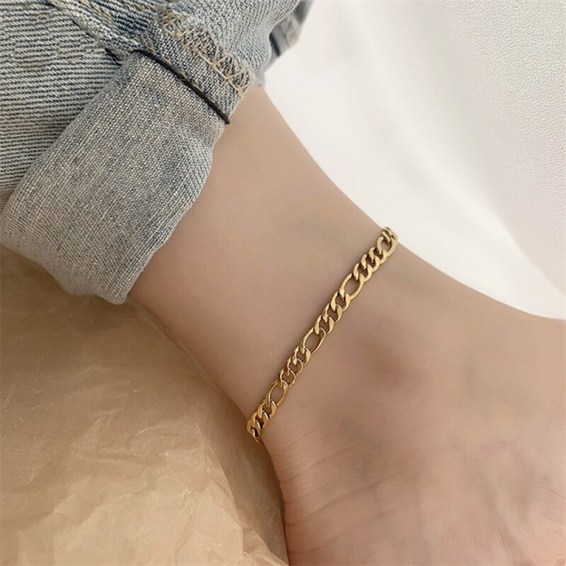 Right Grand Hip Hop Fashion Jewelry 14K Gold Plated Stainless Steel Cuban Link Figaro Anklets For Women Non Tarnish