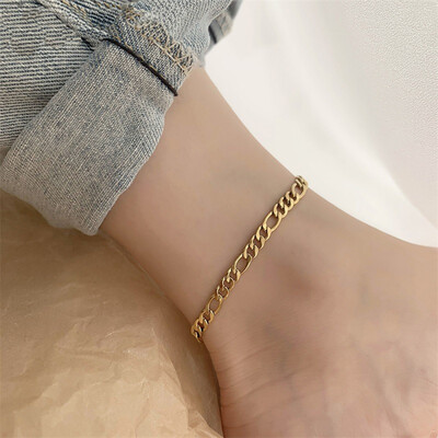 Right Grand Hip Hop Fashion Jewelry 14K Gold Plated Stainless Steel Cuban Link Figaro Anklets For Women Non Tarnish